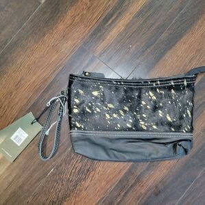 Myra Bag- Black & Gild Cow Hide Wristlet- Clutch Wallet 10" X 7"H